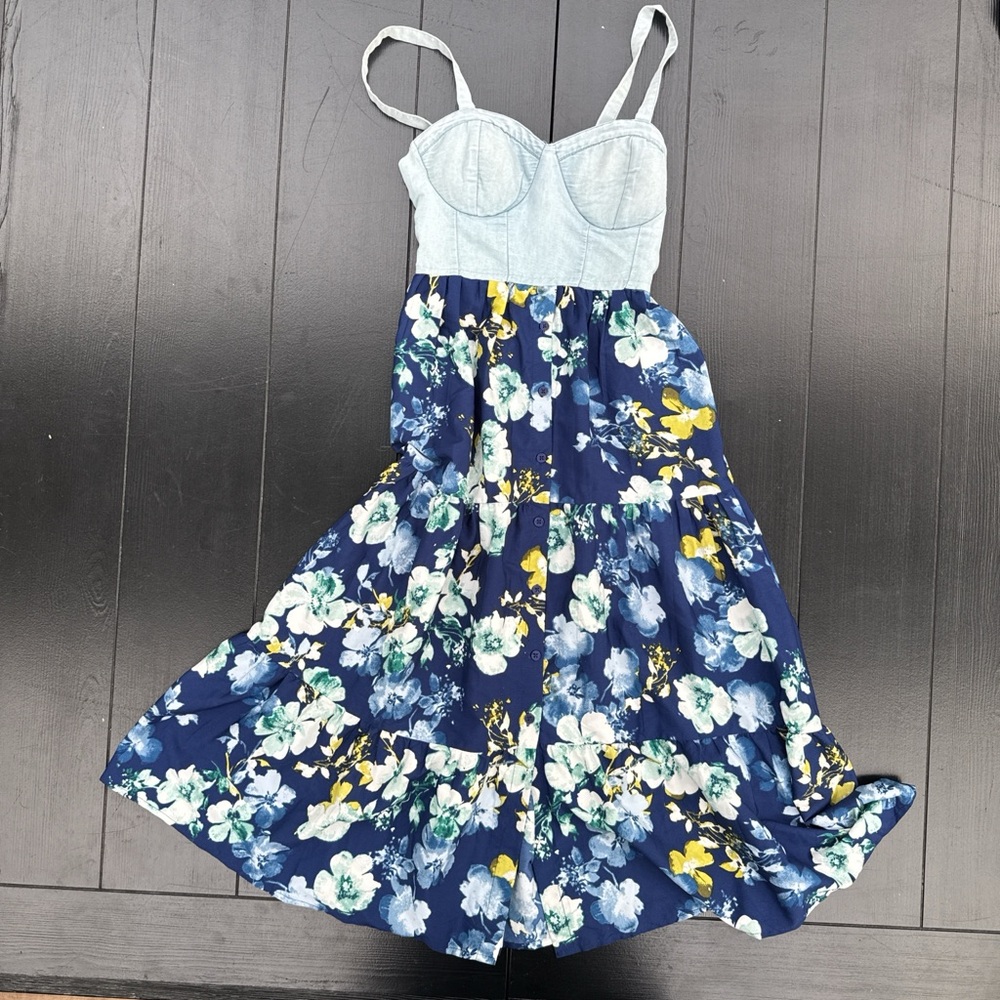 Light Blue Bustier Floral Midi Dress - Navy & Yellow Bloom